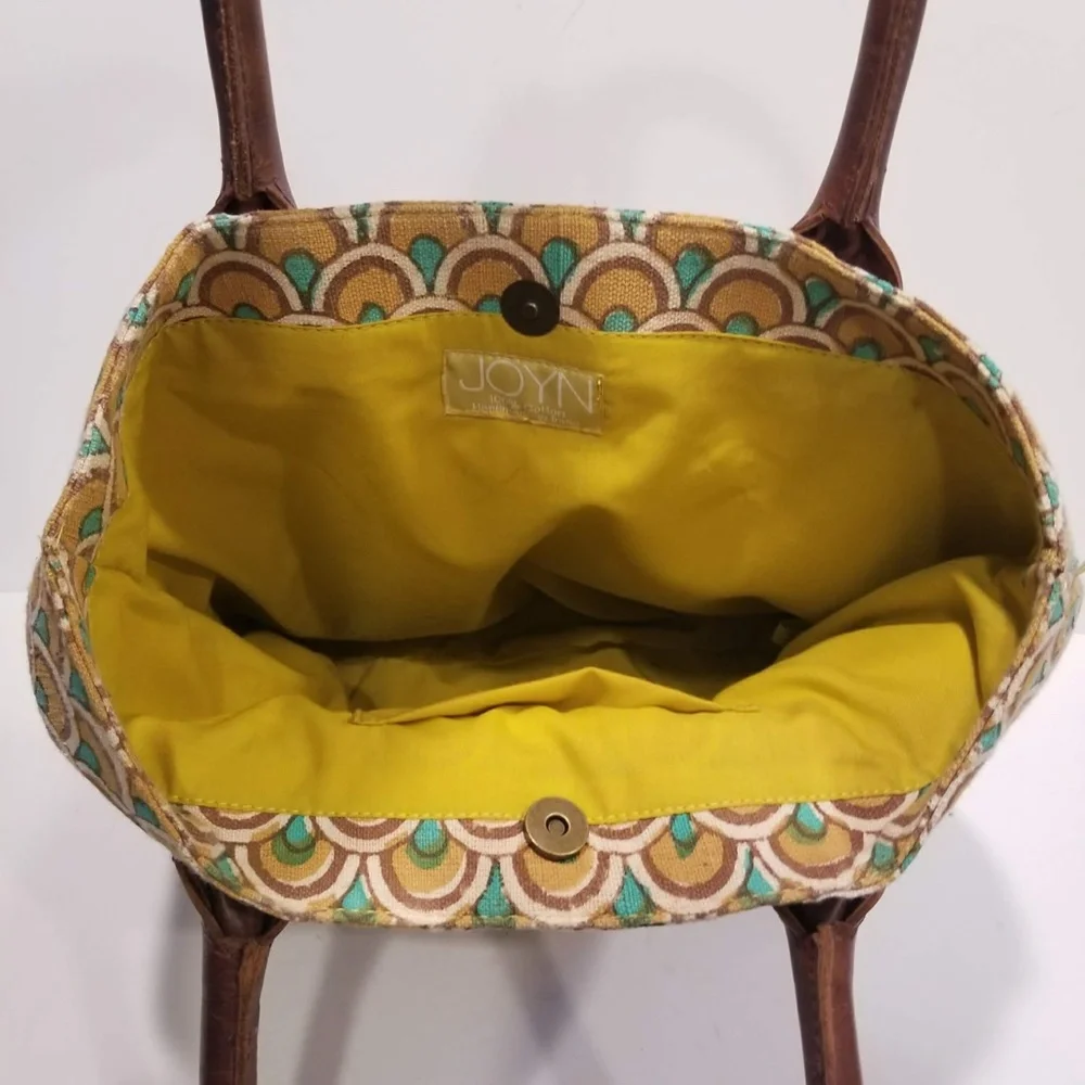 JOYN Cotton Tote Arch Print Brown Leather Yellow Green Shoulder Bag Lined Pocket - Picture 5 of 14